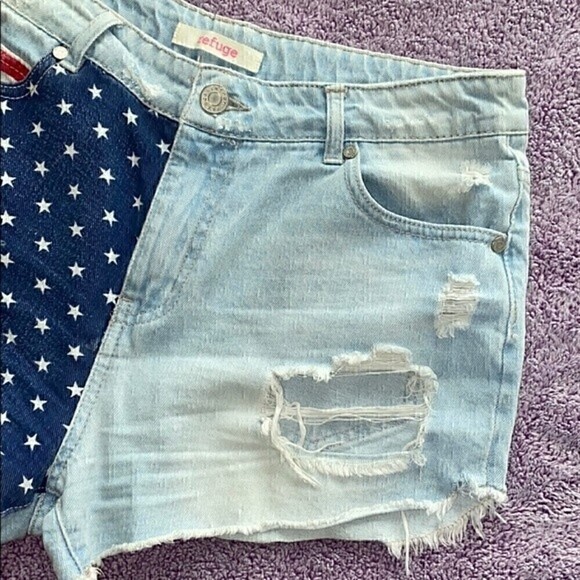 Refuge American Flag Distressed Jean Shorts 8 USA 4th of July Memorial Day Stars - Picture 7 of 12